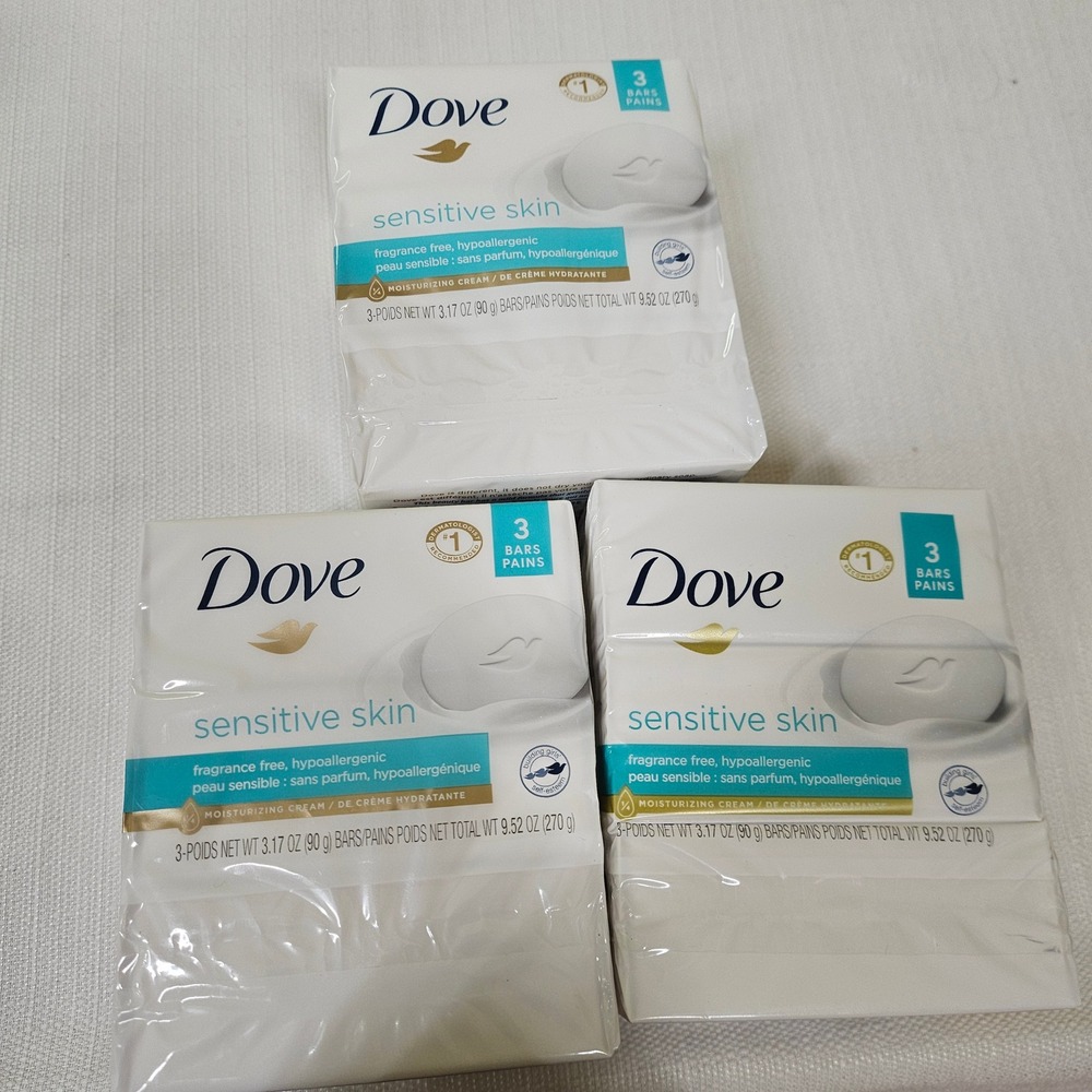 Dove Sensitive Skin Bar Soap 3 Bars Fragrance Free Hypoallergenic‎ Lot of 3